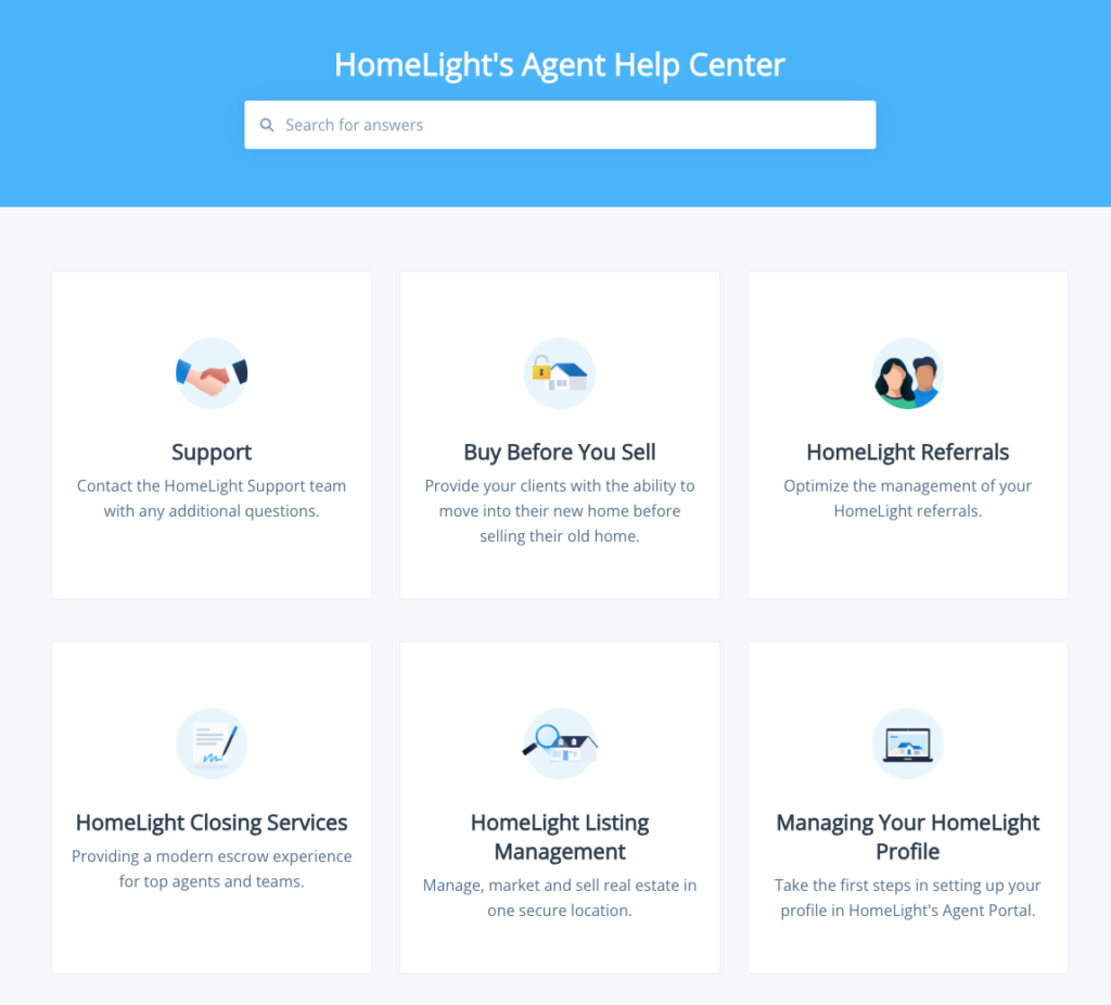 HomeLight's agent help center page